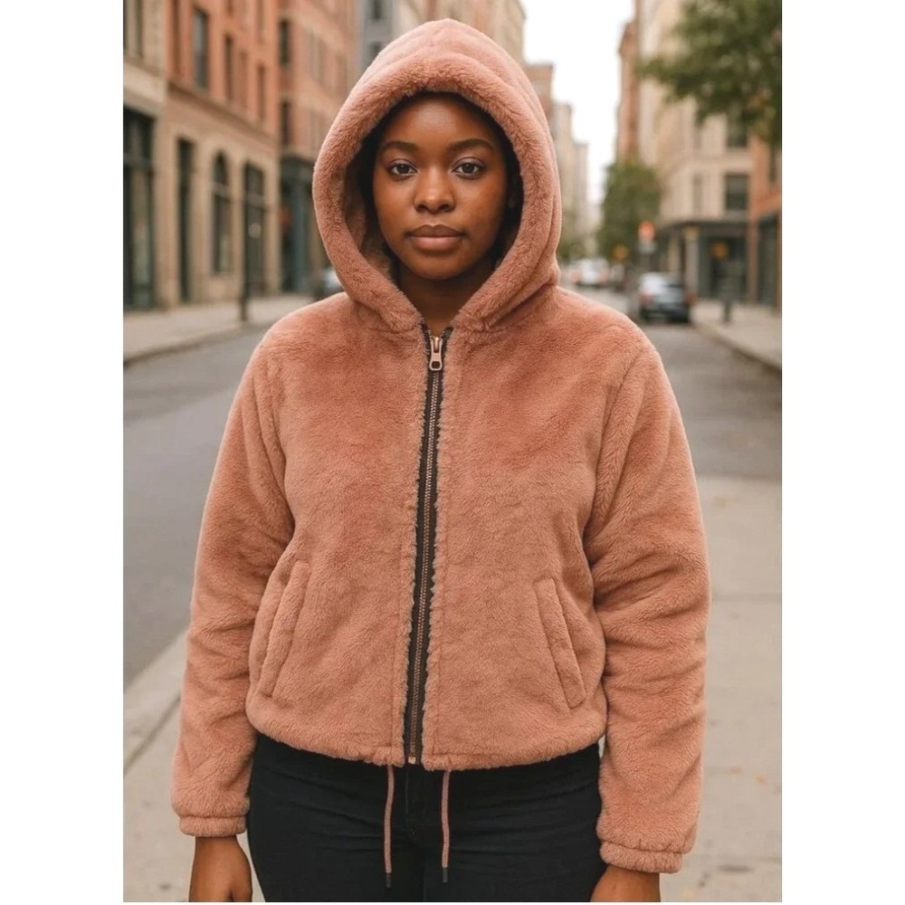 Lucky Brand Pinky‎ Fluffy Jacket Womens Medium Teddy Faux Fur Full Zip Hooded
